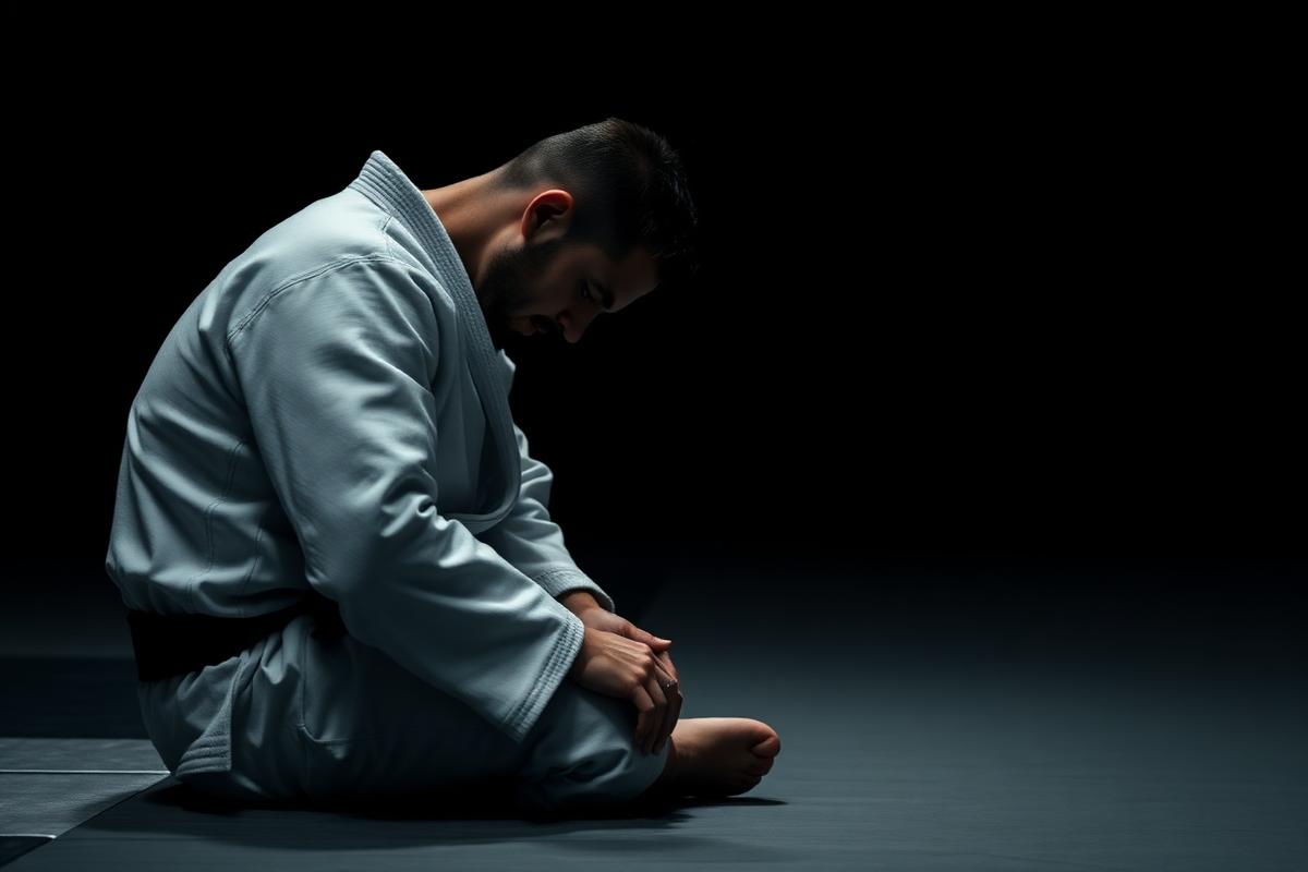 Praticante de Jiu-Jitsu de kimono sentado no tatame recuperando o fôlego